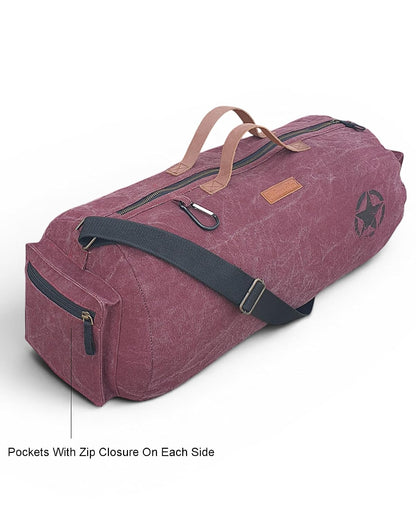Canvas Travel Duffle Bag | 25 litres | Sports Duffel | Gym Bags | for Men and Women | Adjustable Broad Strap | Airline Carry-On Luggage | Quick Access Pockets | Vintage Wine