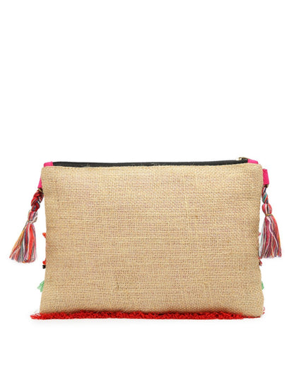 The House of tara Cross Body Sling Bag with Embellishments and Tassels/Trims | Internal Zip Pocket | Jute Crossbody Bag in Multi Colour with Zip Closure | Handmade.