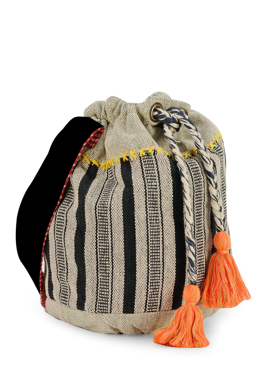 The House of tara Handloom Boho Sling Bag for Women | Cross Body Bag for Women with Waterproof Inner Lining, Drawstring Closure | Shoulder Bags Suitable for College & Daily Essentials (Black Grey)