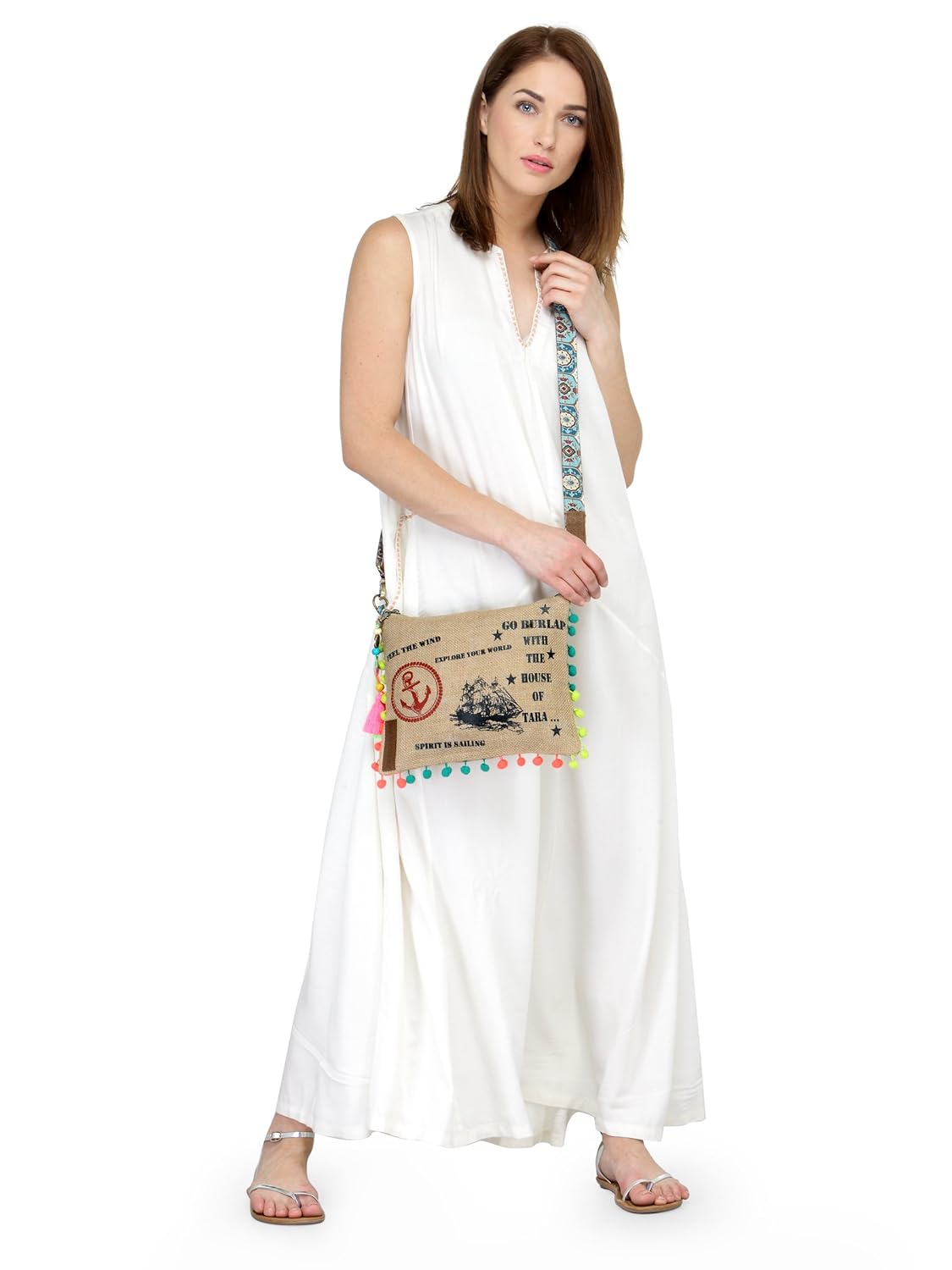 The House of tara Casual Jute Purse For Women | Small Crossbody Sling Bag with Tassels, Zip Pocket & Removable Shoulder Strap | Printed Aesthetic Foldable Ladies Purse Handbag (Brown 2)