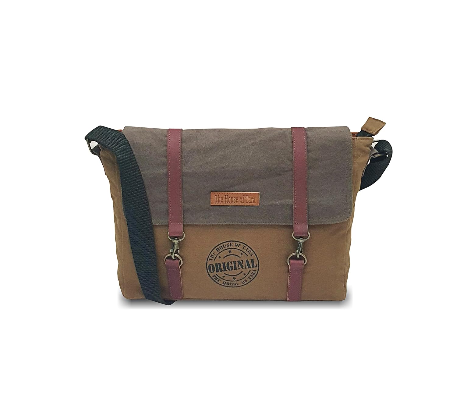The House of tara Dual Tone Canvas Messenger Bag for Men and Women | Sling Laptop Bag fits Upto 14 Inch Size | Crossbody Multiutility Bag with Waterproof Inner Lining & Adjustable Straps (Khaki Brown)