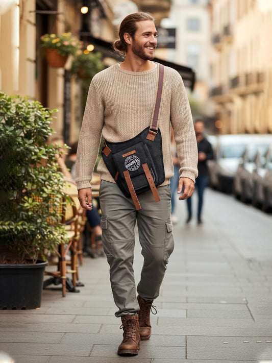 Vintage Finish Canvas Cross Body Bag/Waist Bag | Travel Accessory Fanny Pack | Adjustable Strap and Multiple Pockets | Flap & Leather Strap Closure | Unisex