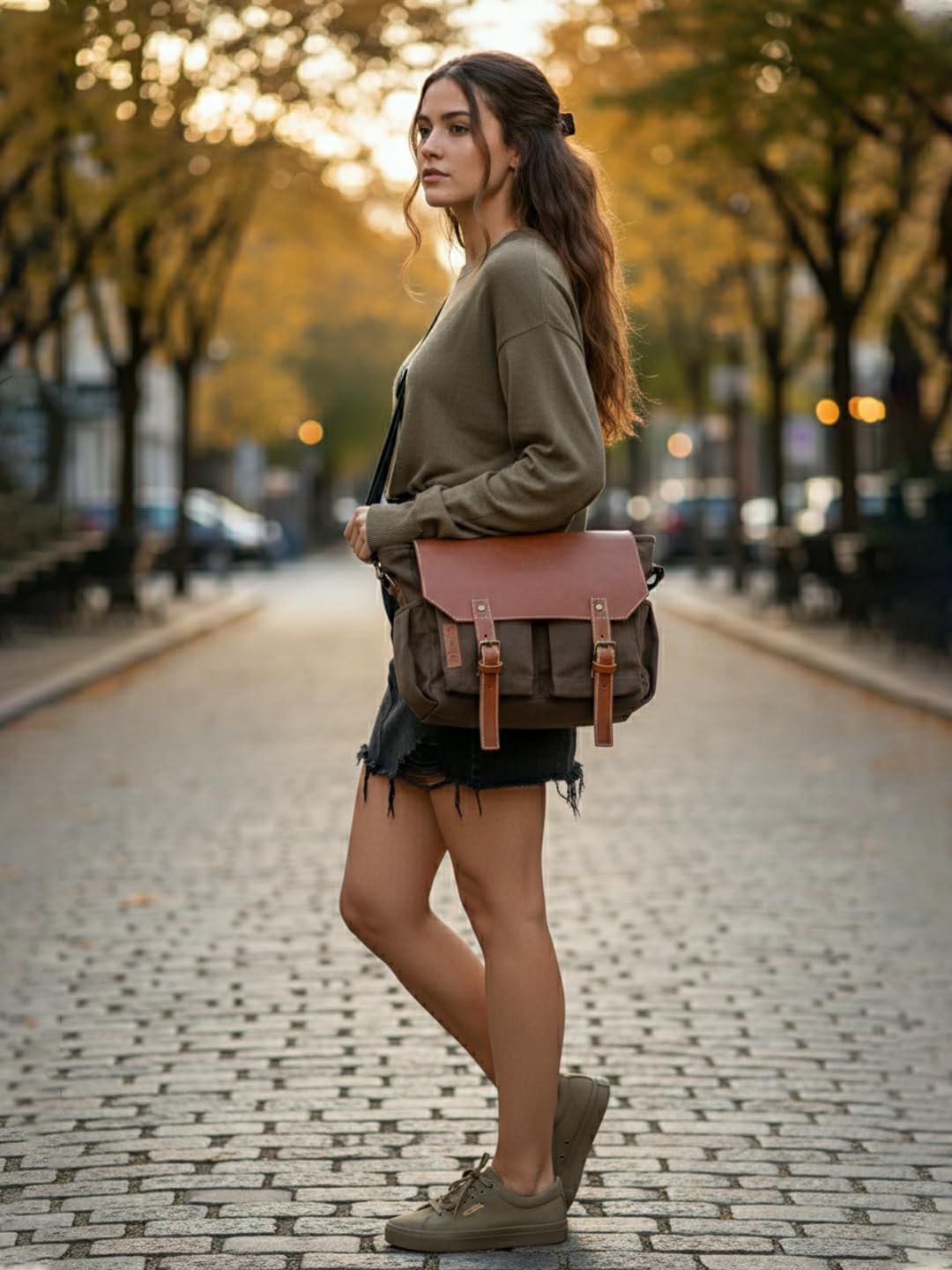 The House of tara Leather & Canvas Messenger Bag for Men and Women | Fits Laptop Upto 15.6 Inch I Crossbody Bag with Canvas Lining, Adjustable Straps & Padded Partition (Olive Brown)