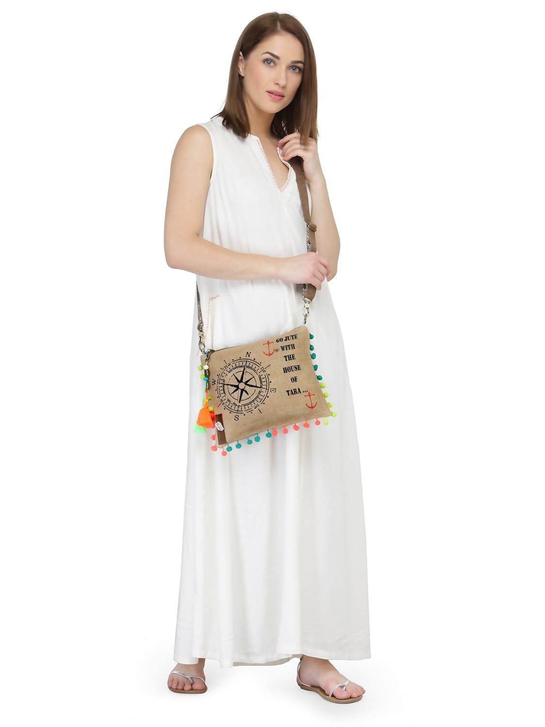 The House of tara Casual Jute Purse For Women | Small Crossbody Sling Bag with Tassels, Zip Pocket & Removable Shoulder Strap | Printed Aesthetic Foldable Ladies Purse Handbag (Brown)
