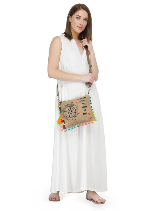 The House of tara Casual Jute Purse For Women | Small Crossbody Sling Bag with Tassels, Zip Pocket & Removable Shoulder Strap | Printed Aesthetic Foldable Ladies Purse Handbag (Brown)