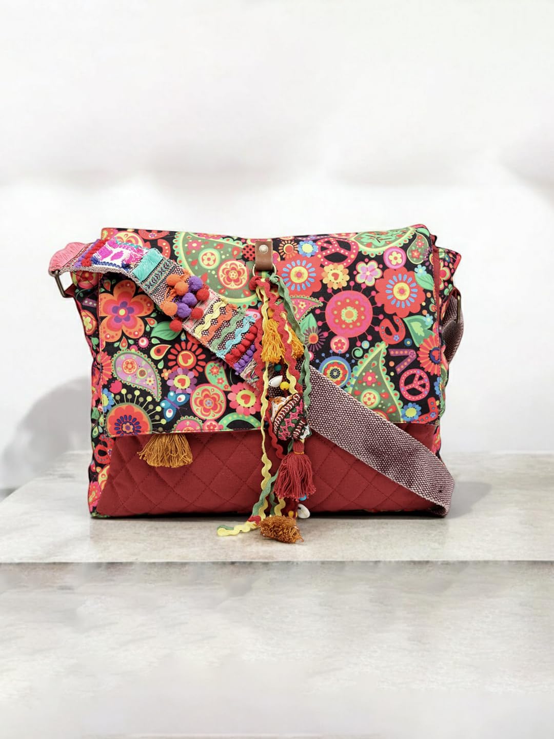The House of tara Cotton Canvas Tassel Embellished Printed Cross Body Messenger Sling Bag for Women | Travel Office Business Shoulder Bag for Women | Crossbody Purse With Adjustable Strap
