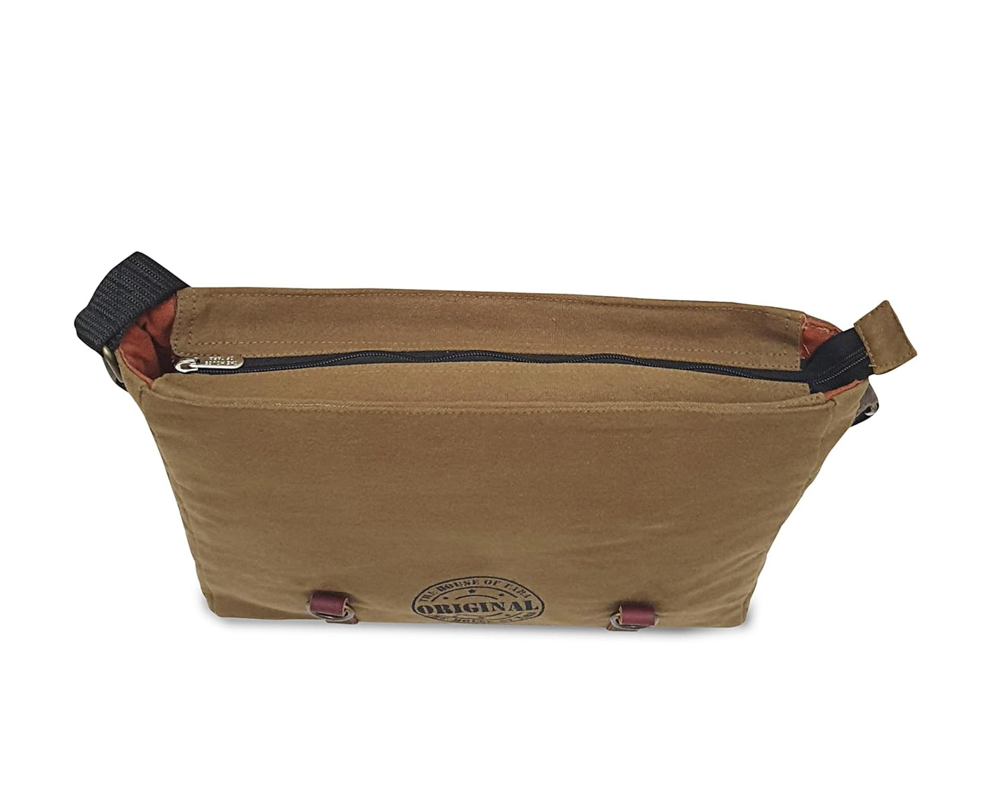 The House of tara Dual Tone Canvas Messenger Bag for Men and Women | Sling Laptop Bag fits Upto 14 Inch Size | Crossbody Multiutility Bag with Waterproof Inner Lining & Adjustable Straps (Khaki Brown)