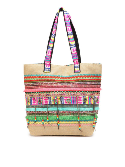 The House of tara Jute Tote Handbag | Brown Multicolor Shoulder Bag | Tassel Embellished | Magnetic Closure | Zipper Compartment | Casual Bag for College, Office & Daily Use | For Women