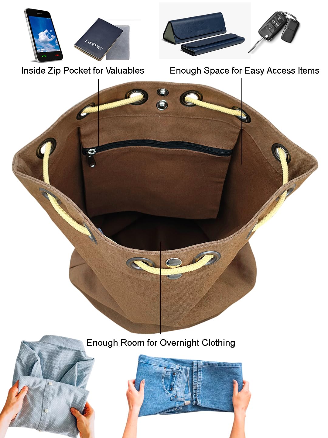The House of tara Canvas Backpack for Men & Women 20 Litres | Casual Cotton Bag with Spacious Compartment & Drawstring Strap | Stylish Bag suitable for College, Hiking & Everyday Essentials (Khaki)