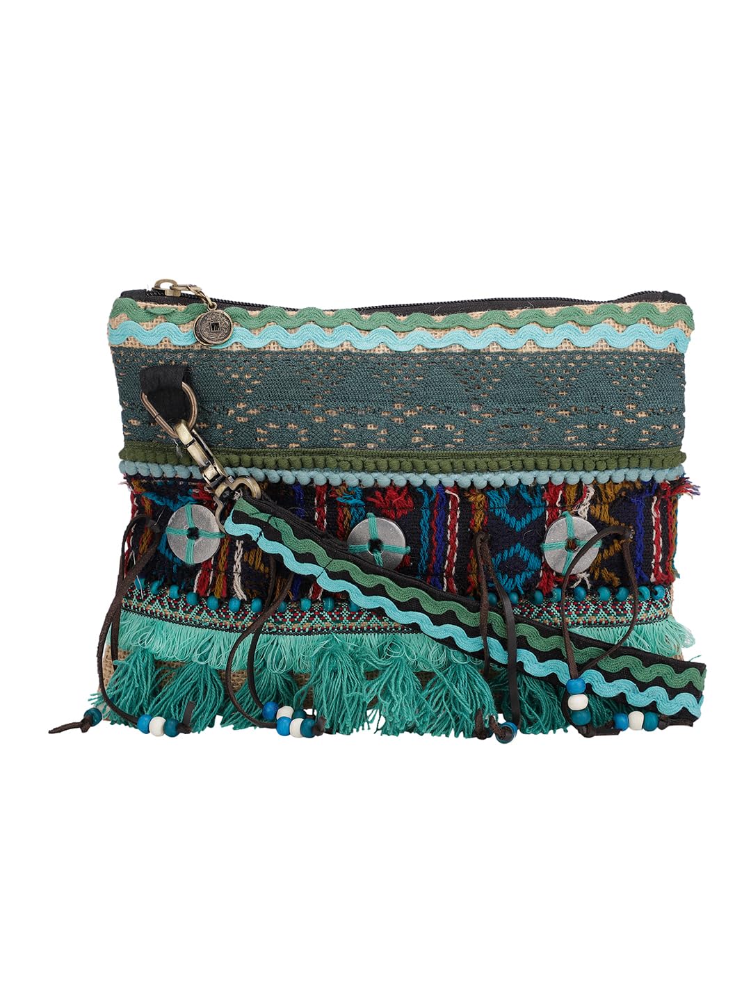 The House of tara Cross Body Sling Bag with Embellishments and Tassels/Trims | Internal Zip Pocket | Jute Crossbody Bag in Multi Colour with Zip Closure | Handmade.