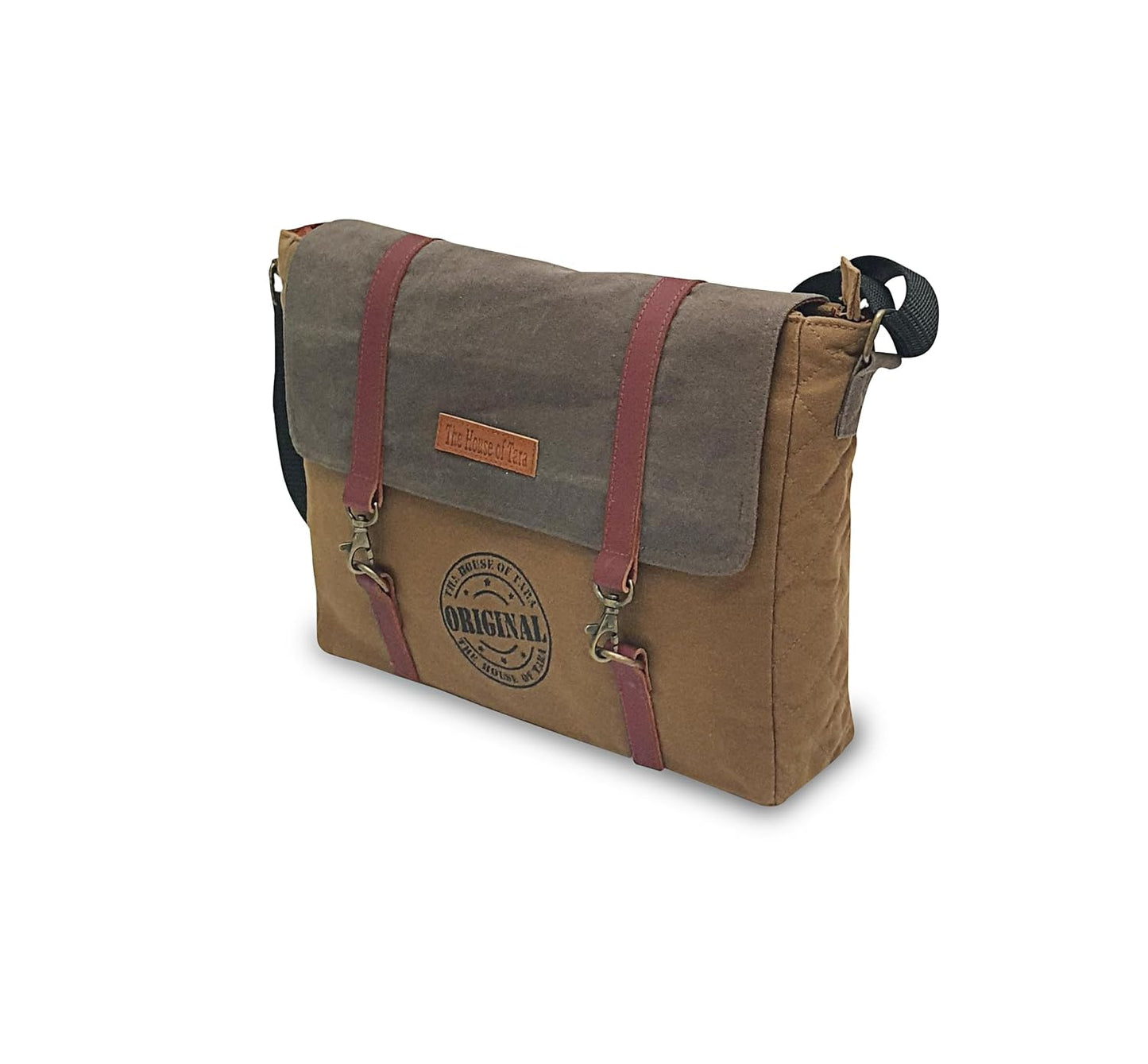 The House of tara Dual Tone Canvas Messenger Bag for Men and Women | Sling Laptop Bag fits Upto 14 Inch Size | Crossbody Multiutility Bag with Waterproof Inner Lining & Adjustable Straps (Khaki Brown)