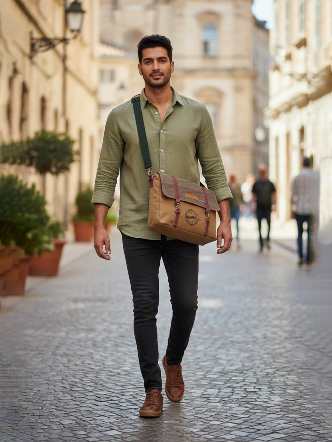 The House of tara Dual Tone Canvas Messenger Bag for Men and Women | Sling Laptop Bag fits Upto 14 Inch Size | Crossbody Multiutility Bag with Waterproof Inner Lining & Adjustable Straps (Khaki Brown)