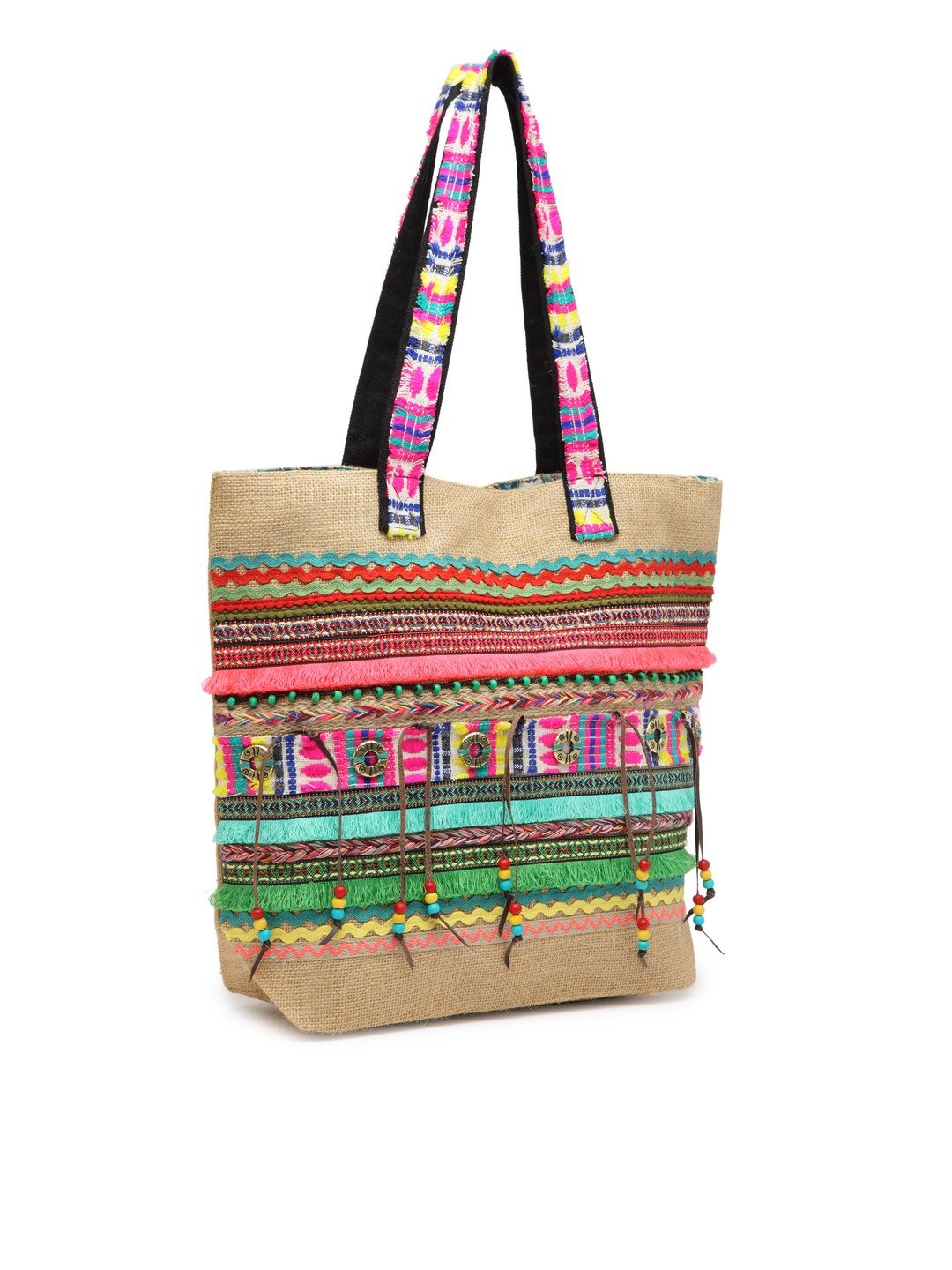 The House of tara Jute Tote Handbag | Brown Multicolor Shoulder Bag | Tassel Embellished | Magnetic Closure | Zipper Compartment | Casual Bag for College, Office & Daily Use | For Women