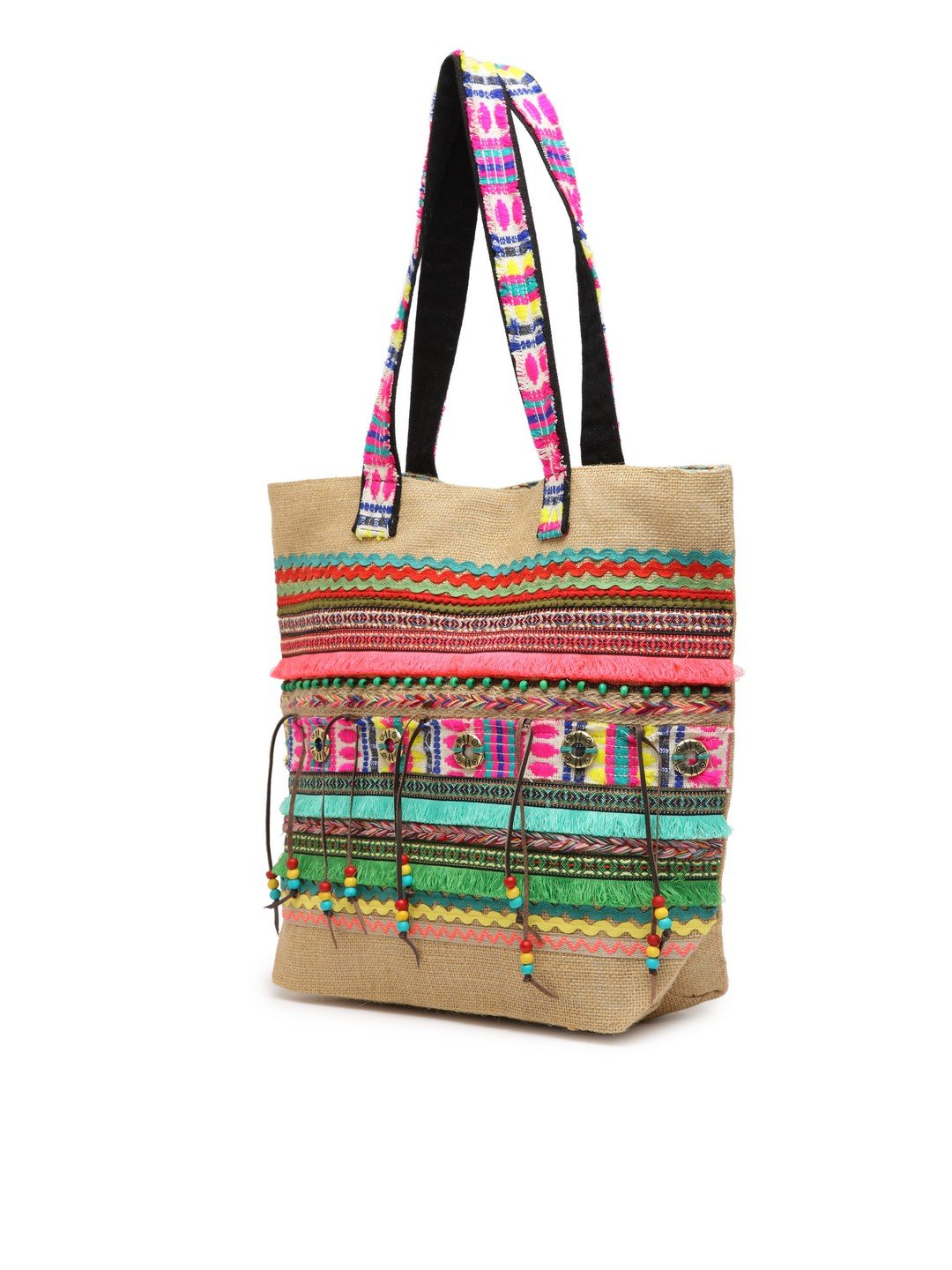 The House of tara Jute Tote Handbag | Brown Multicolor Shoulder Bag | Tassel Embellished | Magnetic Closure | Zipper Compartment | Casual Bag for College, Office & Daily Use | For Women