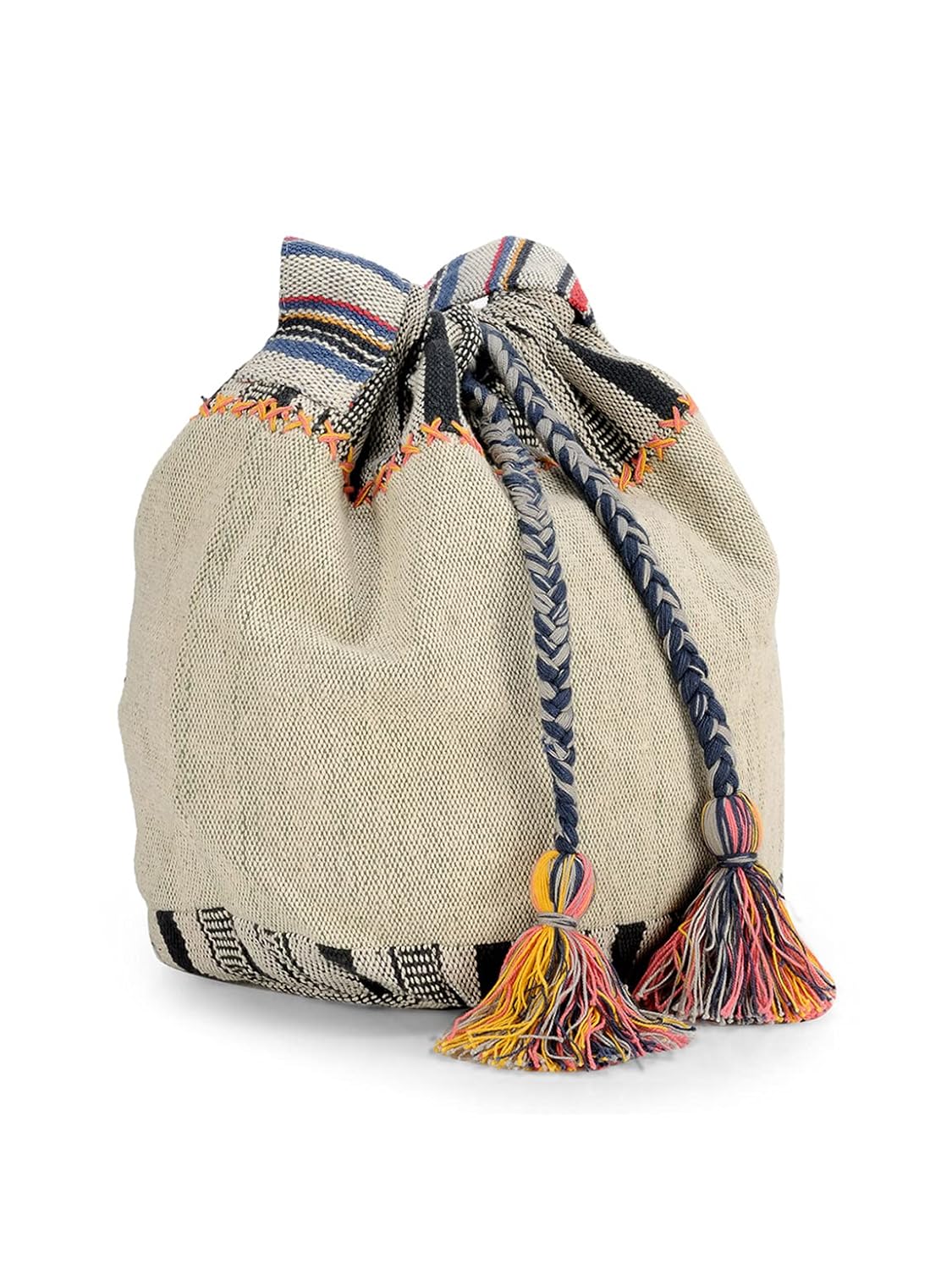 The House of tara Handloom Boho Sling Bag for Women | Cross Body Bag for Women | 100% Cotton Inner Lining, Drawstring Closure | Shoulder Bags Suitable for College & Daily Essentials (Grey Black)