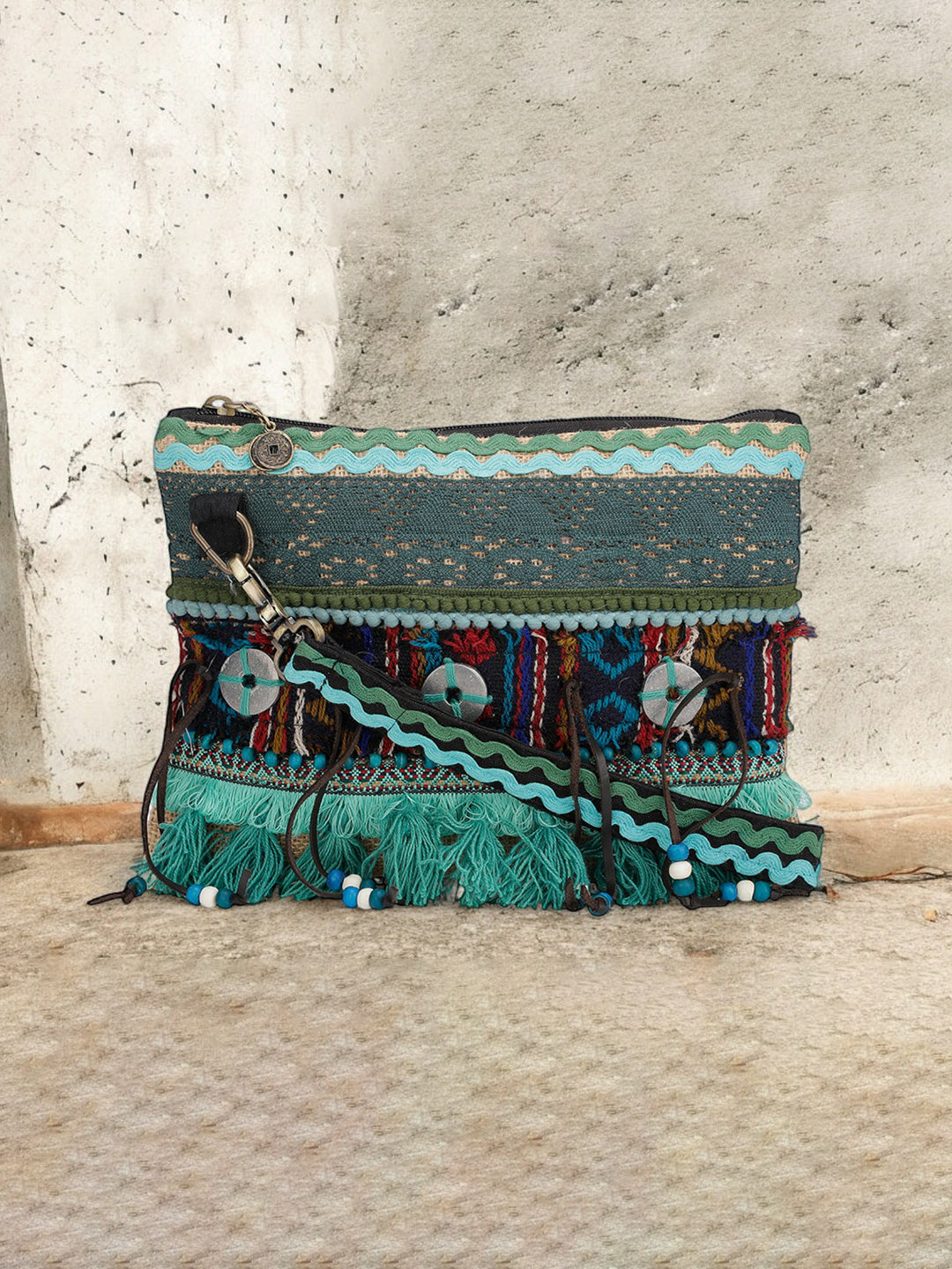 Cross Body Sling Bag with Embellishments and Tassels/Trims | Internal Zip Pocket | Jute Crossbody Bag in Multi Colour with Zip Closure | Handmade.