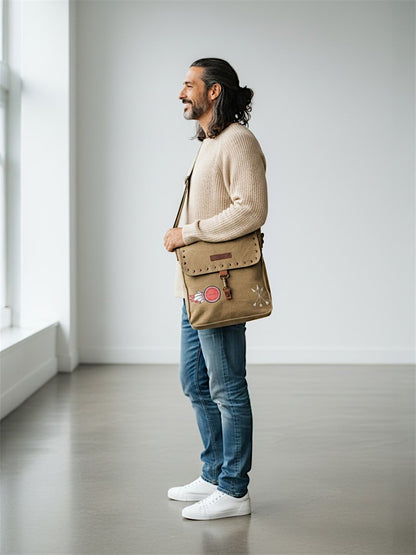 Canvas Crossbody Messenger Bag for Men & Women | Side Bag Fits Mobile & Tablets | Ideal For Office & Travel | Beige Embellished Cotton Compact Messenger Business Bag for ladies