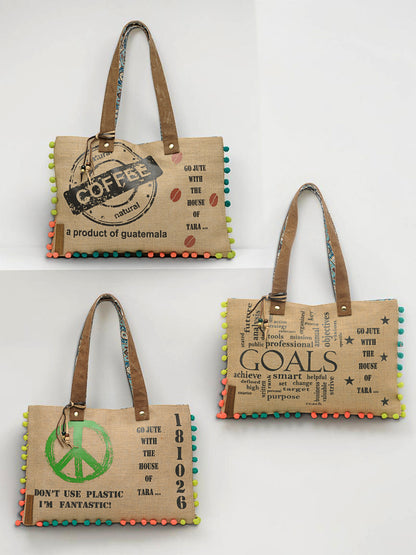 Jute Tote Handbag | Brown Beige Printed Shoulder Bag | Tassel Embellished | Magnetic Closure | Zipper Compartment | Casual Bag for College, Office & Daily Use | For Women