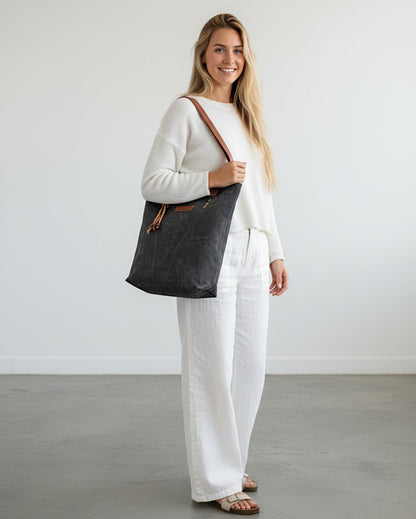 Distressed Finish Heavy Canvas Tote Handbag | Tassel Embellished | Magnetic Closure & Internal Zip Pocket Shoulder Bag | For College, Office and Daily Use | For Women