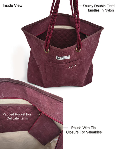Cotton Canvas Oversized Tote Bag with Zip Pouch | YKK Zipper Closure | Padded Pocket for Tablet & Sunglasses/Phone | Bottle Holder | Strong Nylon Handles | Women