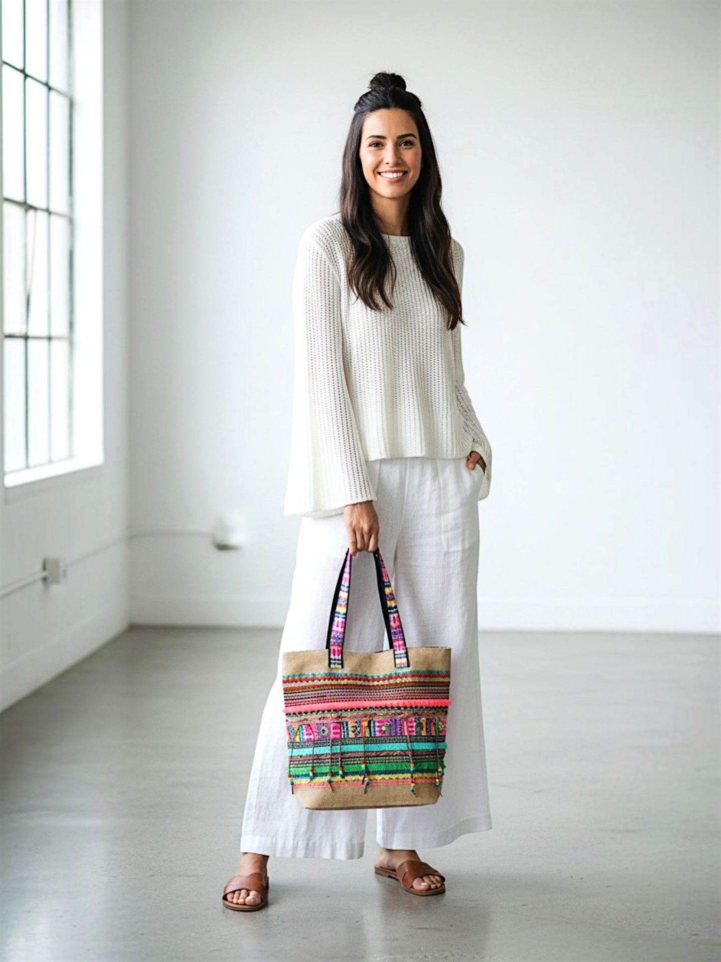 Jute Tote Handbag | Brown Multicolor Shoulder Bag | Tassel Embellished | Magnetic Closure | Zipper Compartment | Casual Bag for College, Office & Daily Use | For Women