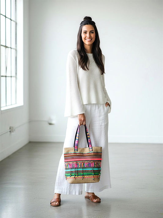 Jute Tote Handbag | Brown Multicolor Shoulder Bag | Tassel Embellished | Magnetic Closure | Zipper Compartment | Casual Bag for College, Office & Daily Use | For Women