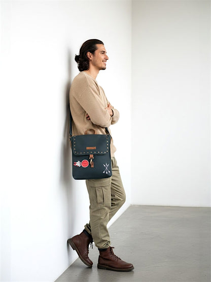 Canvas Crossbody Messenger Bag for Men & Women | Side Bag Fits Mobile & Tablets | Ideal For Office & Travel | Beige Embellished Cotton Compact Messenger Business Bag for ladies