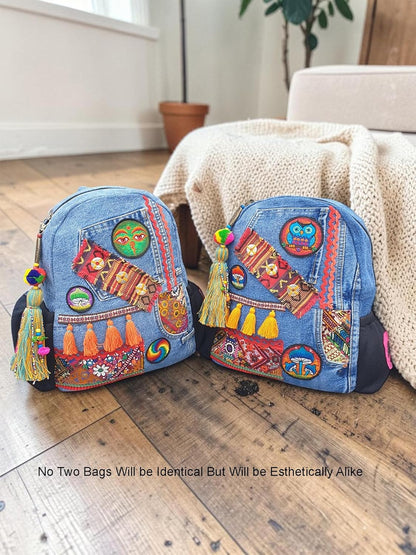 Upcycled Denim Backpack for Women | Embellished with Tassels, Embroidery Patches with Large Size Compartment, Adjustable Strap | Suitable for College & Travel (Denim Blue)