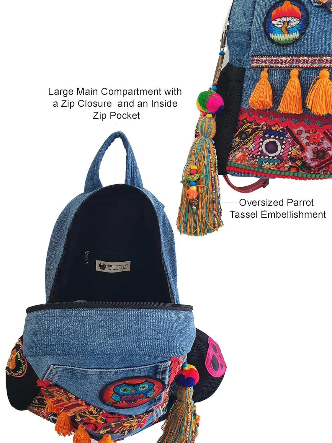 Upcycled Denim Backpack for Women | Embellished with Tassels, Embroidery Patches with Large Size Compartment, Adjustable Strap | Suitable for College & Travel (Denim Blue)
