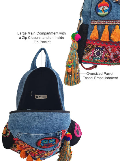 Upcycled Denim Backpack for Women | Embellished with Tassels, Embroidery Patches with Large Size Compartment, Adjustable Strap | Suitable for College & Travel (Denim Blue)