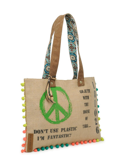 The House of tara Jute Tote Handbag | Brown Beige Printed Shoulder Bag | Tassel Embellished | Magnetic Closure | Zipper Compartment | Casual Bag for College, Office & Daily Use | For Women (Beige 2)