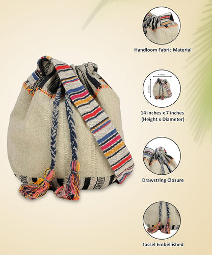 The House of tara Handloom Boho Sling Bag for Women | Cross Body Bag for Women | 100% Cotton Inner Lining, Drawstring Closure | Shoulder Bags Suitable for College & Daily Essentials (Grey Black)