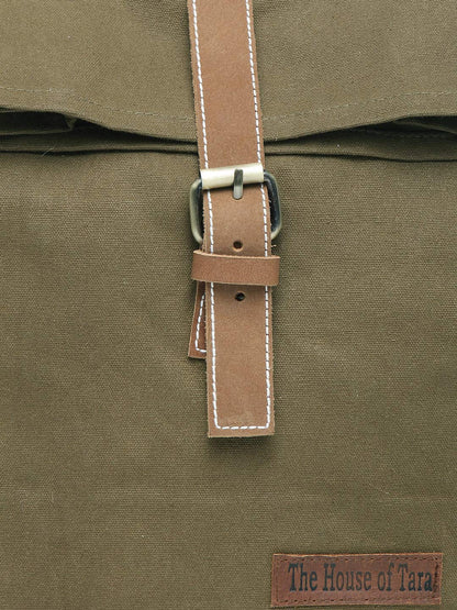 The House of tara Cotton Canvas Lunch Box Bag | Khaki Color Solid Design | 15 Ltrs Tiffin and Water Bottle Bag | Aesthetic Design with Genuine Leather Strap, Buckle & Top Handle | for Men and Women