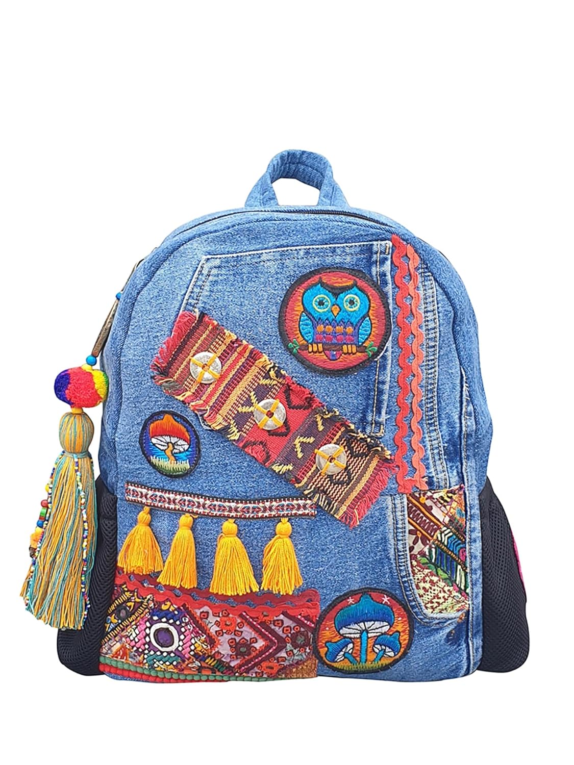 Upcycled Denim Backpack for Women | Embellished with Tassels, Embroidery Patches with Large Size Compartment, Adjustable Strap | Suitable for College & Travel (Denim Blue)