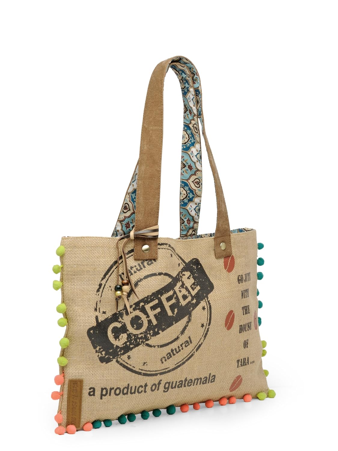 The House of tara Jute Tote Handbag | Brown Beige Printed Shoulder Bag | Tassel Embellished | Magnetic Closure | Zipper Compartment | Casual Bag for College, Office & Daily Use | For Women (Beige 3)