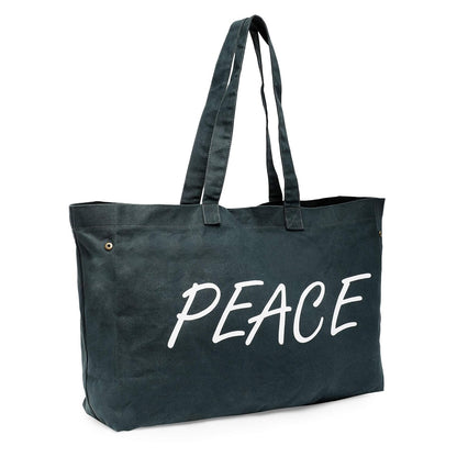 The House of tara Canvas Tote Bag with Detachable Pouch | Cotton Shopping Handbag | Magnetic Closure Tote with Zipper Pouch | Back Pocket with Zip | Peace Print | For Women