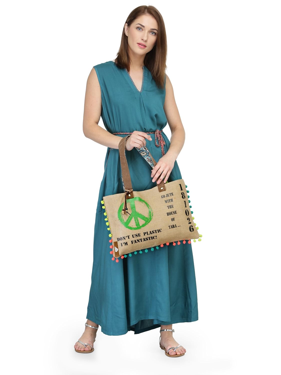 The House of tara Jute Tote Handbag | Brown Beige Printed Shoulder Bag | Tassel Embellished | Magnetic Closure | Zipper Compartment | Casual Bag for College, Office & Daily Use | For Women (Beige 2)