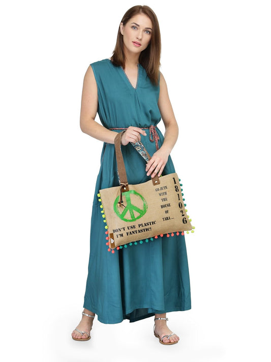 The House of tara Jute Tote Handbag | Brown Beige Printed Shoulder Bag | Tassel Embellished | Magnetic Closure | Zipper Compartment | Casual Bag for College, Office & Daily Use | For Women (Beige 2)