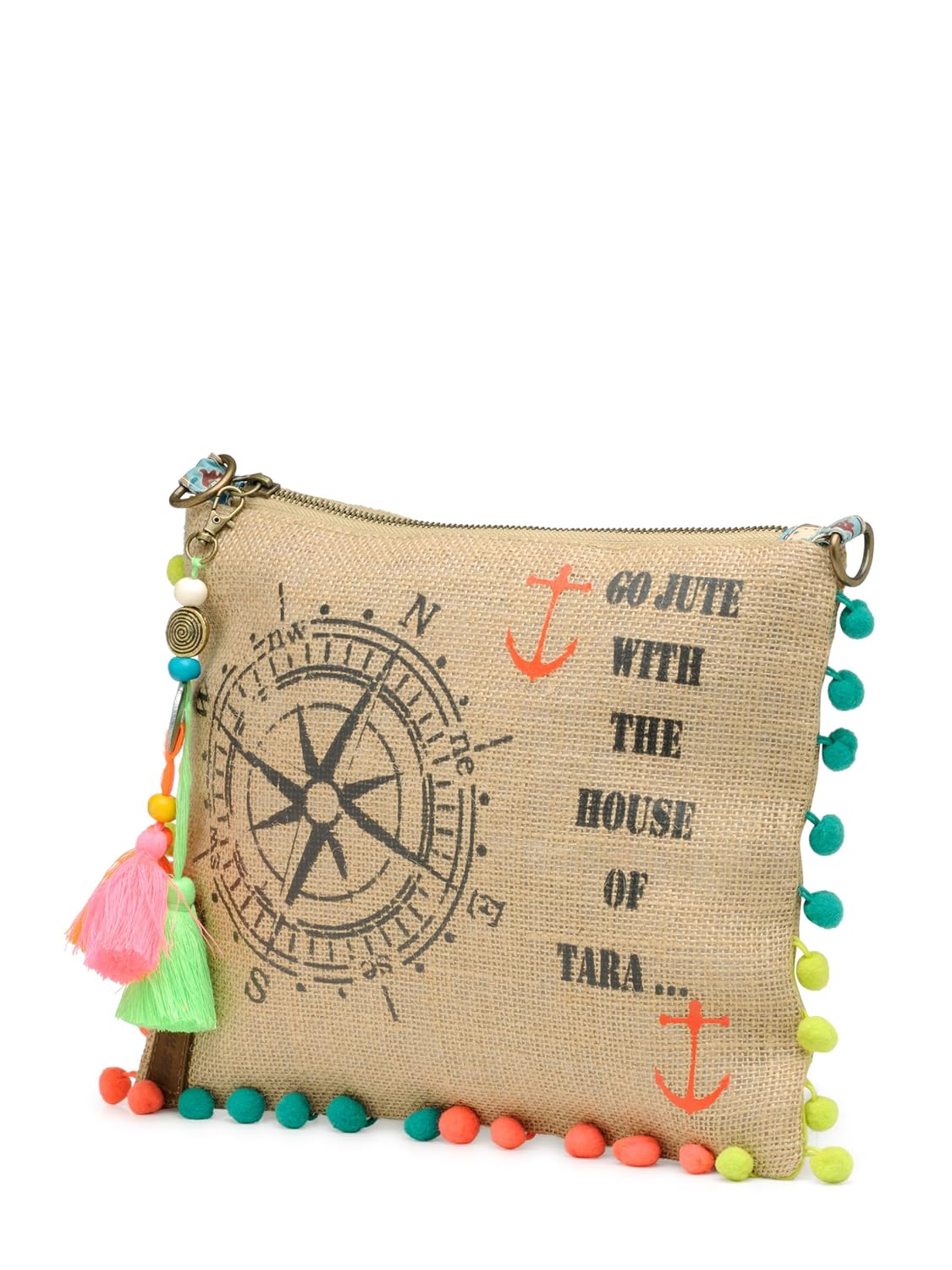 The House of tara Casual Jute Purse For Women | Small Crossbody Sling Bag with Tassels, Zip Pocket & Removable Shoulder Strap | Printed Aesthetic Foldable Ladies Purse Handbag (Brown)