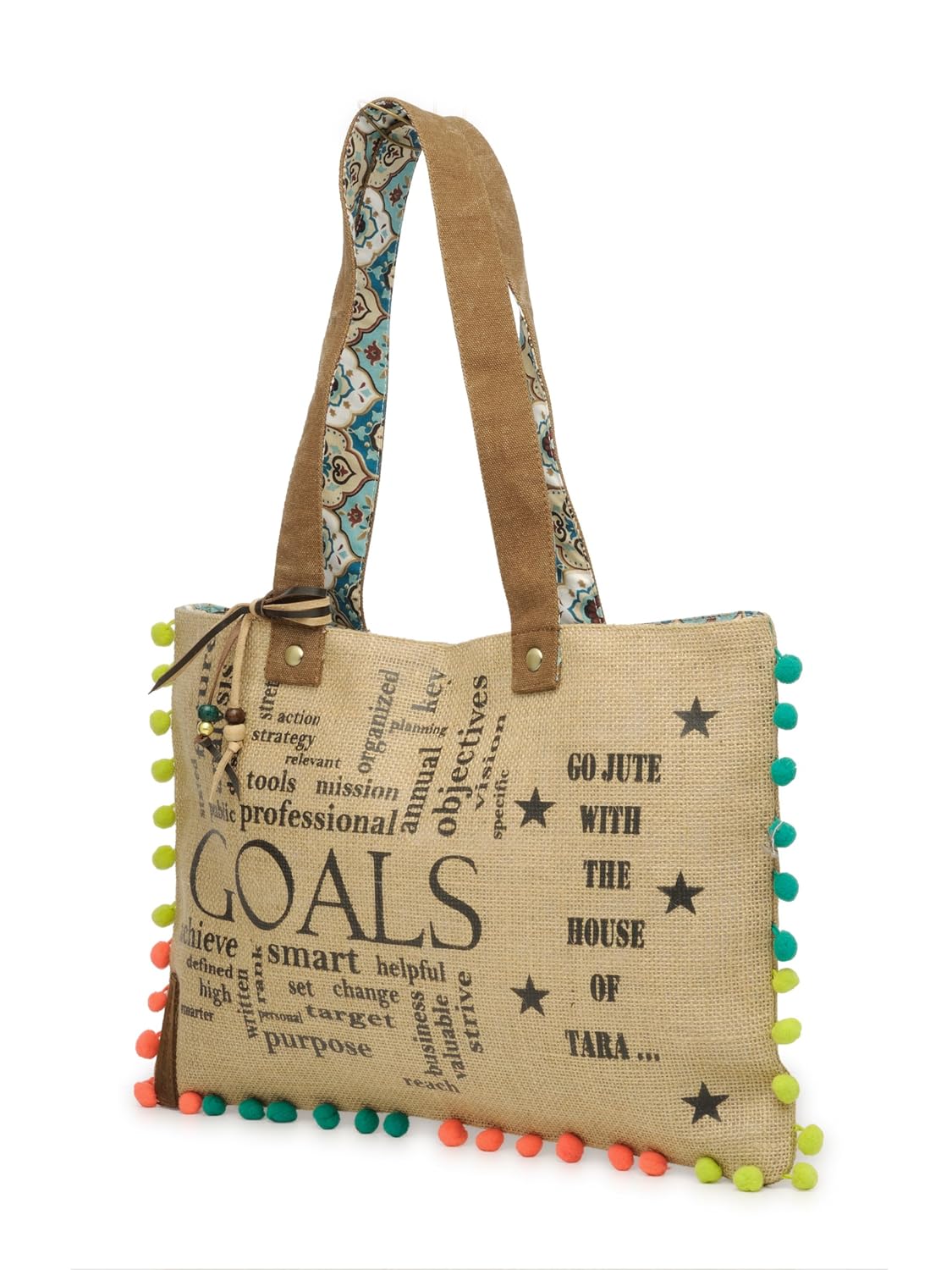 The House of tara Jute Tote Handbag | Brown Beige Printed Shoulder Bag | Tassel Embellished | Magnetic Closure | Zipper Compartment | Casual Bag for College, Office & Daily Use | For Women (Beige 1)