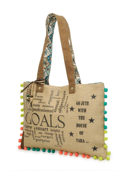 The House of tara Jute Tote Handbag | Brown Beige Printed Shoulder Bag | Tassel Embellished | Magnetic Closure | Zipper Compartment | Casual Bag for College, Office & Daily Use | For Women (Beige 1)
