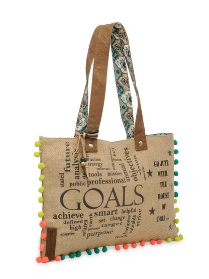 The House of tara Jute Tote Handbag | Brown Beige Printed Shoulder Bag | Tassel Embellished | Magnetic Closure | Zipper Compartment | Casual Bag for College, Office & Daily Use | For Women (Beige 1)