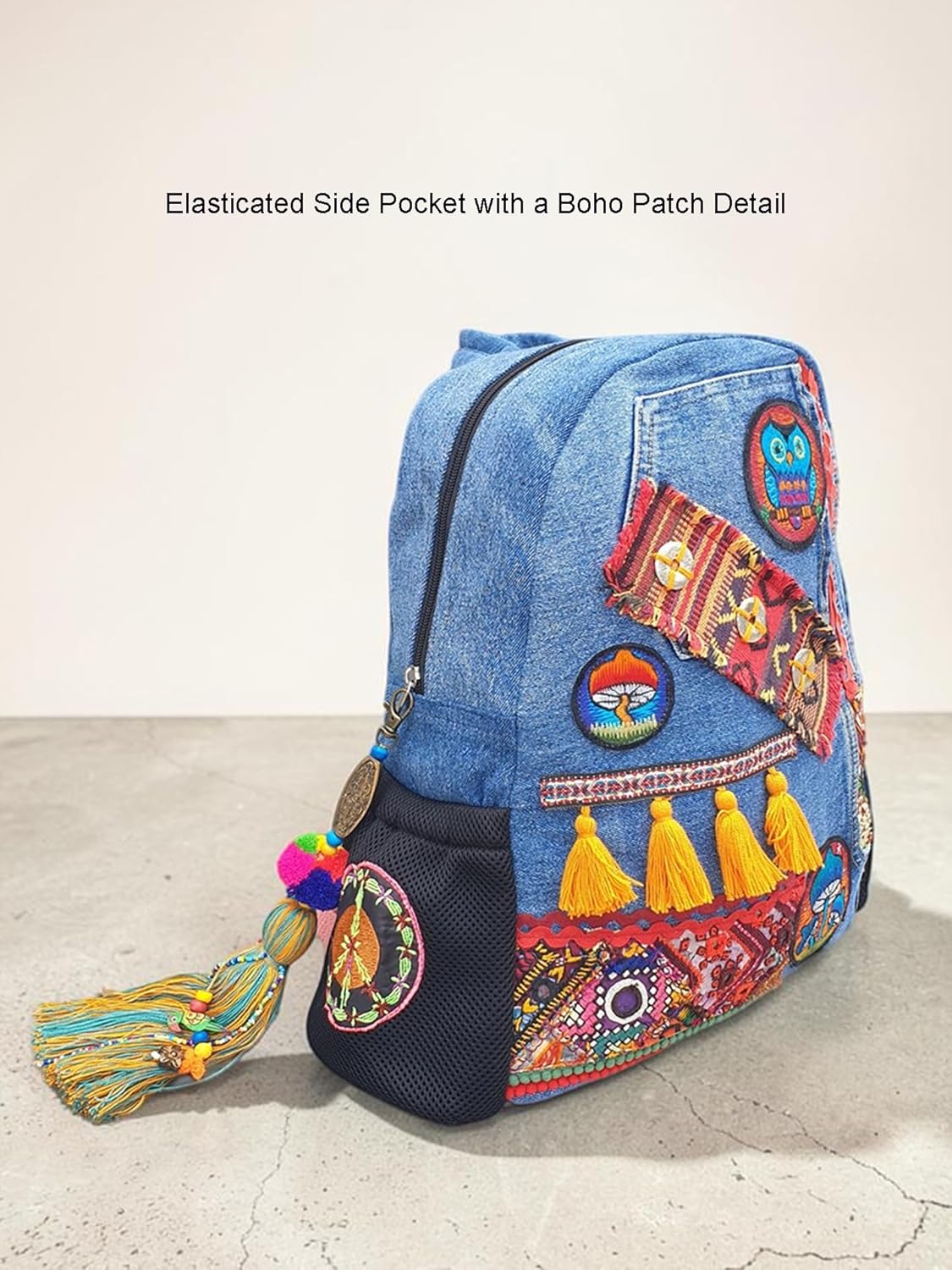 Upcycled Denim Backpack for Women | Embellished with Tassels, Embroidery Patches with Large Size Compartment, Adjustable Strap | Suitable for College & Travel (Denim Blue)