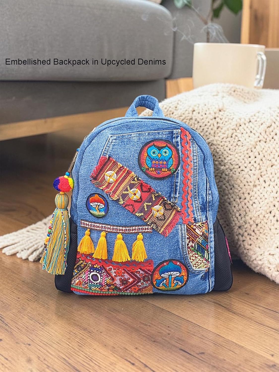 Upcycled Denim Backpack for Women | Embellished with Tassels, Embroidery Patches with Large Size Compartment, Adjustable Strap | Suitable for College & Travel (Denim Blue)