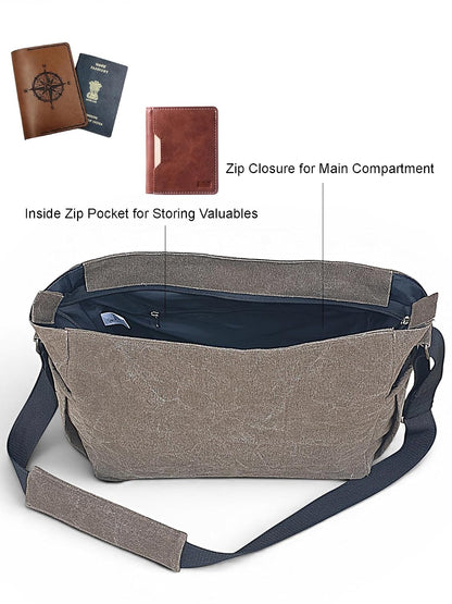 Distress Finish Sturdy Cotton Canvas Messenger Bags for Men and Women | Zip Closure, Adjustable Body Strap I Crossbody Sling | External Zip Pockets