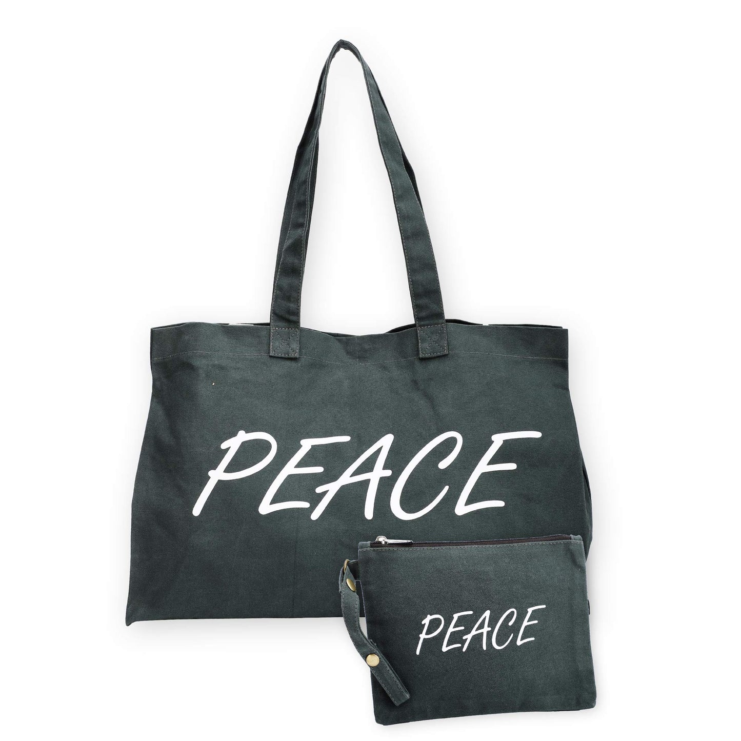 The House of tara Canvas Tote Bag with Detachable Pouch | Cotton Shopping Handbag | Magnetic Closure Tote with Zipper Pouch | Back Pocket with Zip | Peace Print | For Women