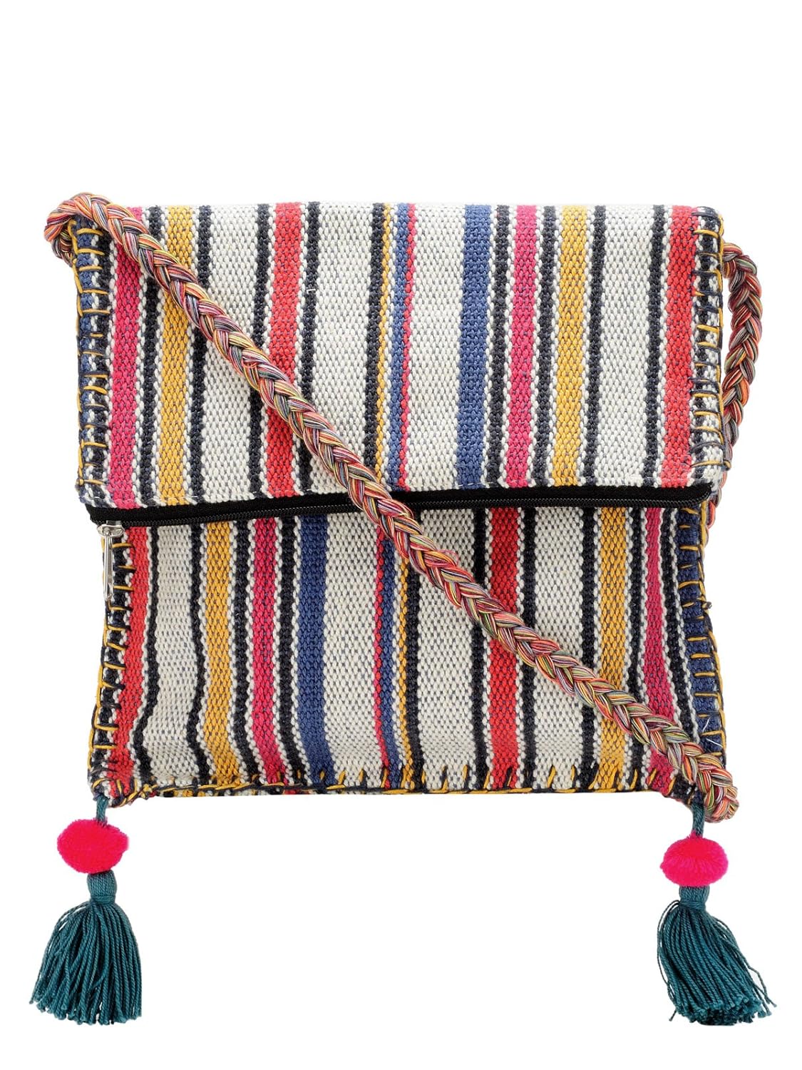 The House of tara Handloom Purse For Women | Small Crossbody Sling Bag with Waterproof Inner Lining, Tassels & Zip Pocket | Handcrafted Aesthetic Foldable Ladies Purse Handbag (Multicolor)