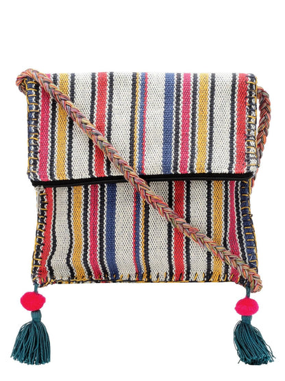 The House of tara Handloom Purse For Women | Small Crossbody Sling Bag with Waterproof Inner Lining, Tassels & Zip Pocket | Handcrafted Aesthetic Foldable Ladies Purse Handbag (Multicolor)