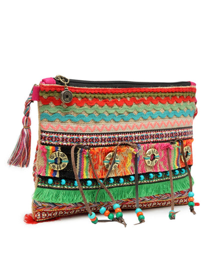The House of tara Cross Body Sling Bag with Embellishments and Tassels/Trims | Internal Zip Pocket | Jute Crossbody Bag in Multi Colour with Zip Closure | Handmade.