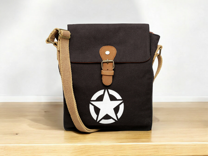 Canvas Side Sling Bag For Men & Women | Compact Messenger bag with Leather Strap on flap closure, Adjustable Shoulder Strap & Snap buttons | Casual bag for Office & Travel